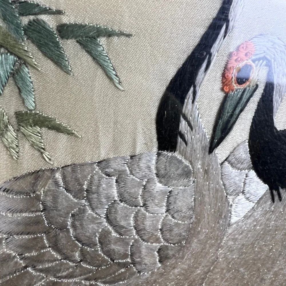Vintage Chinese Silk Hand Embroidered Crane Pine Tree Framed Art 14x21 Excellent